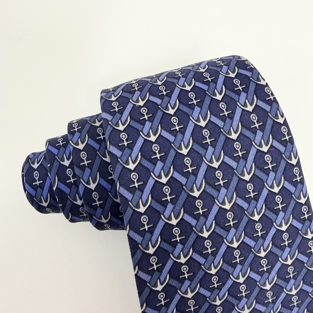 Hermes Mens Tie Nautical Anchors Navy/Blue Silk 7038 TA 3 1/8" (W) x 56" (L) euc - Picture 6 of 7